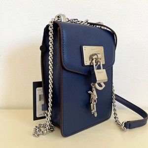 DKNY Elissa North South Leather Phone Carrier Crossbody Indigo Blue Logo Chain